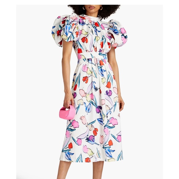 NWT Rotate Birger Christensen Noon Floral Print Cutout Puff Sleeve Midi Dress - Picture 1 of 11